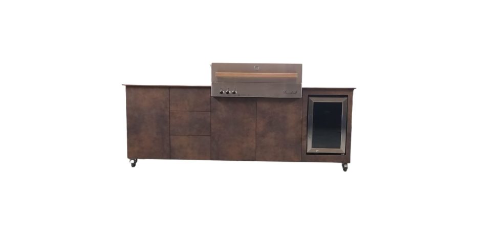 Küchenzeile fahrbar mit einem Flammkraft Grill + Kühlschrank